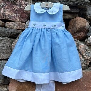 Adorable Cotton Blue & White Linen Dress Peter Pan Collar Embroidery Details